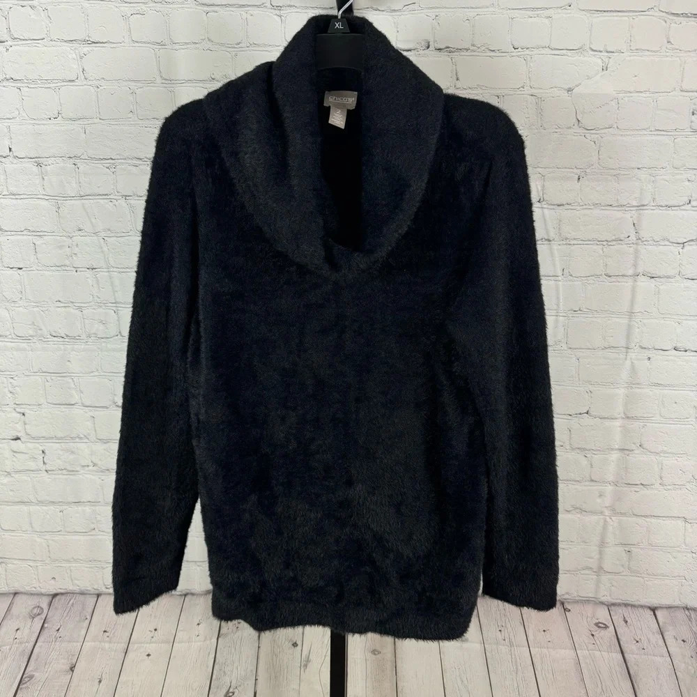 Chico’s Cowl Neck Black Super Soft Fuzzy Sweater Size 2 Medium